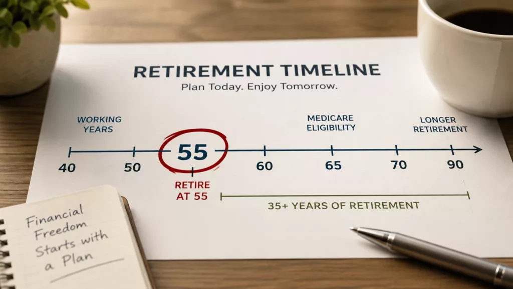 A timeline showing retirement at 55, circled in red and a 35-year retirement span through age 90.